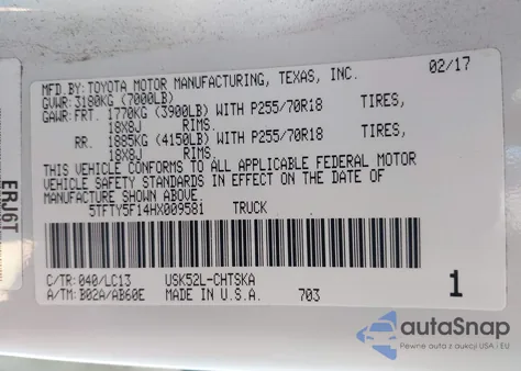 2017 Toyota Tundra Sr 5.7L V8 from USA, damaged, VIN 5TFTY5F14HX009581
